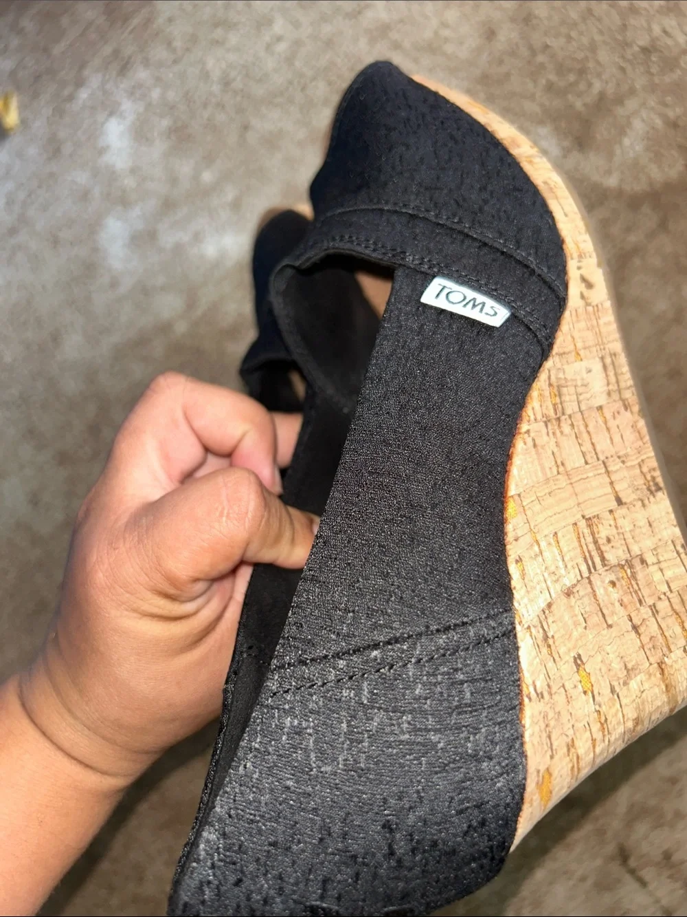 #41. TOMS Black Cork Peep-Toe Wedge Heels